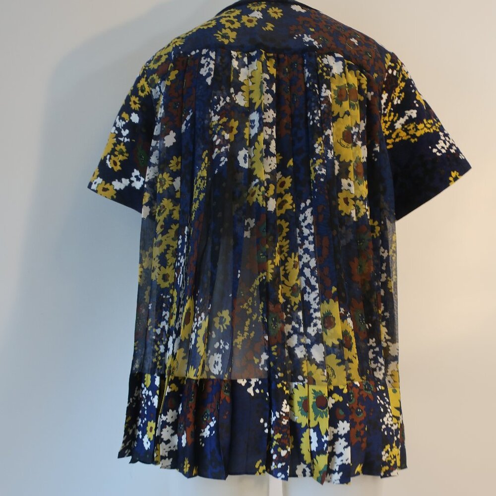 Women Sacai Blue Maoon Floral Corduroy Short Sleeve Pleated Top Blouse L - Picture 7 of 10